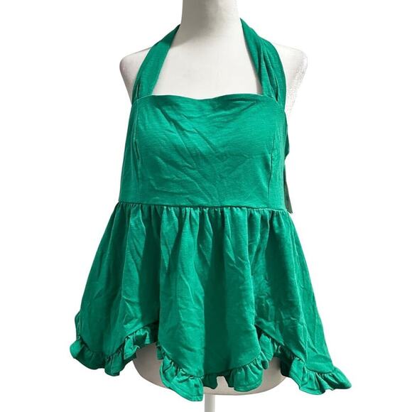 NWT Size Medium CeCe Green Halter Neck Ruffle Hem Babydoll Style y2K Blouse Top - Picture 1 of 12